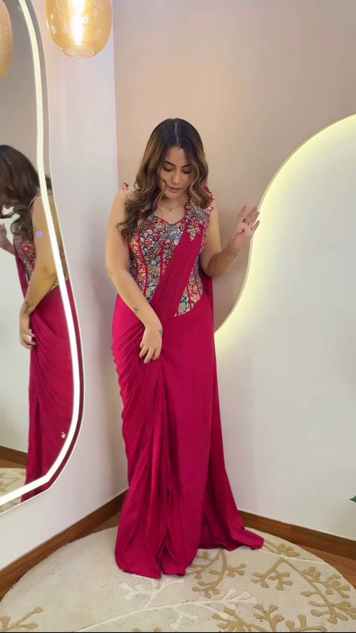 Rani Pink Crepe Ready-to-Wear Saree