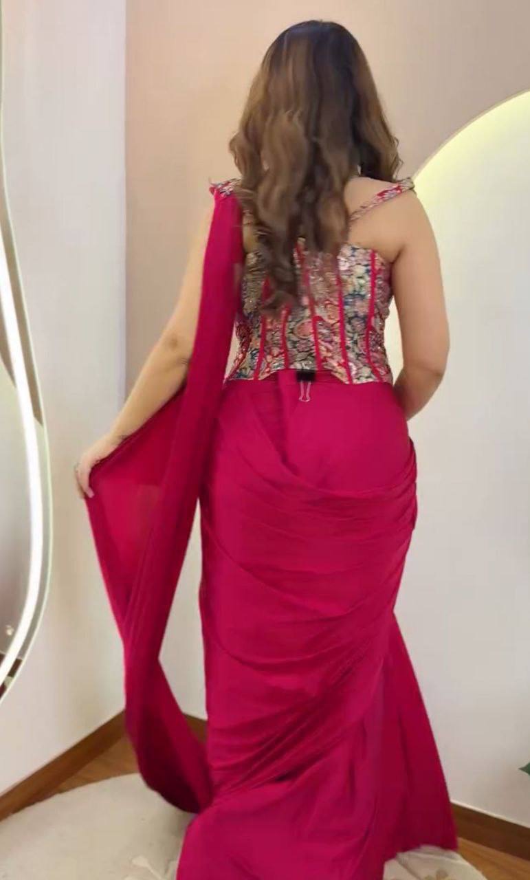Rani Pink Crepe Ready-to-Wear Saree, view 4