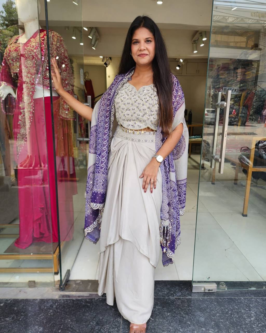Cream Crepe Dhoti Set with Purple Bandhani Dupatta