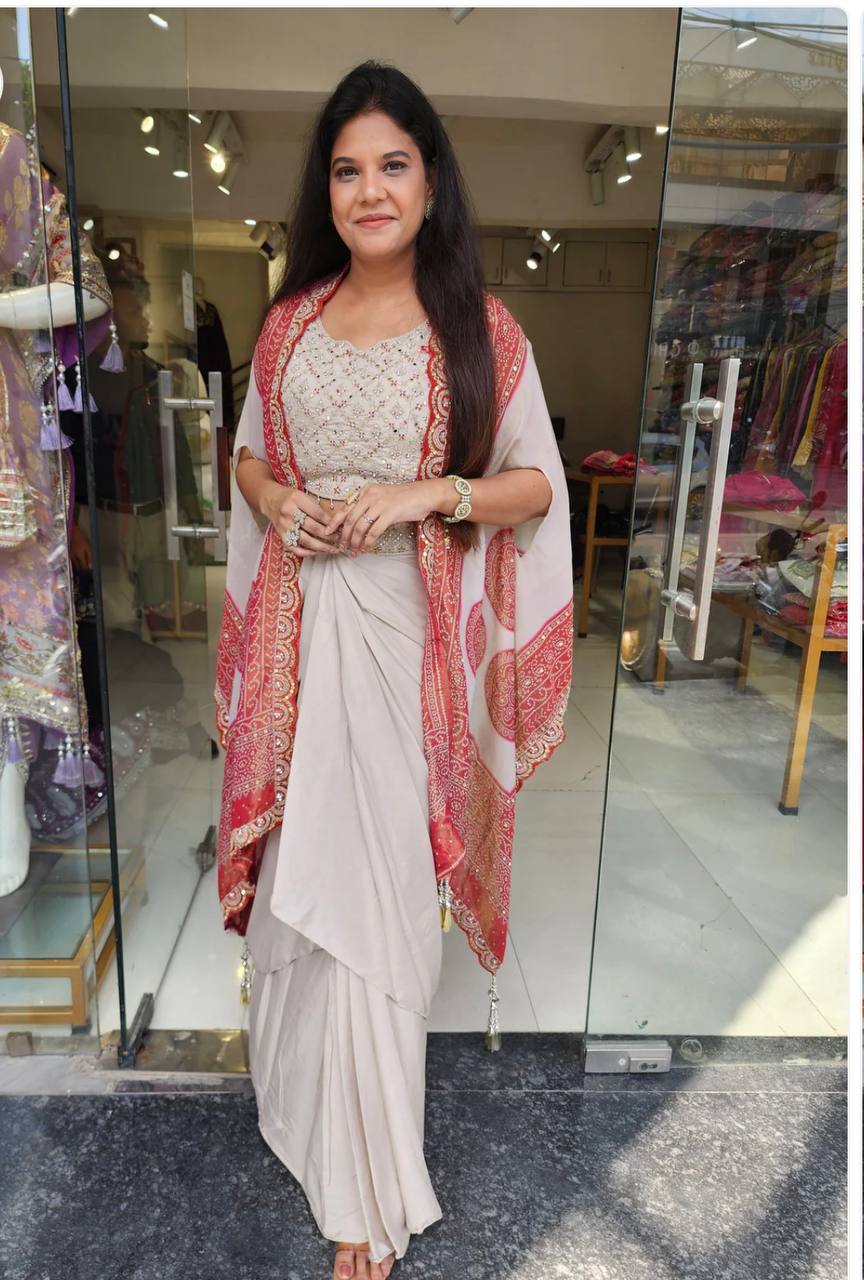 Cream Crepe Dhoti Set with Red Bandhani Dupatta
