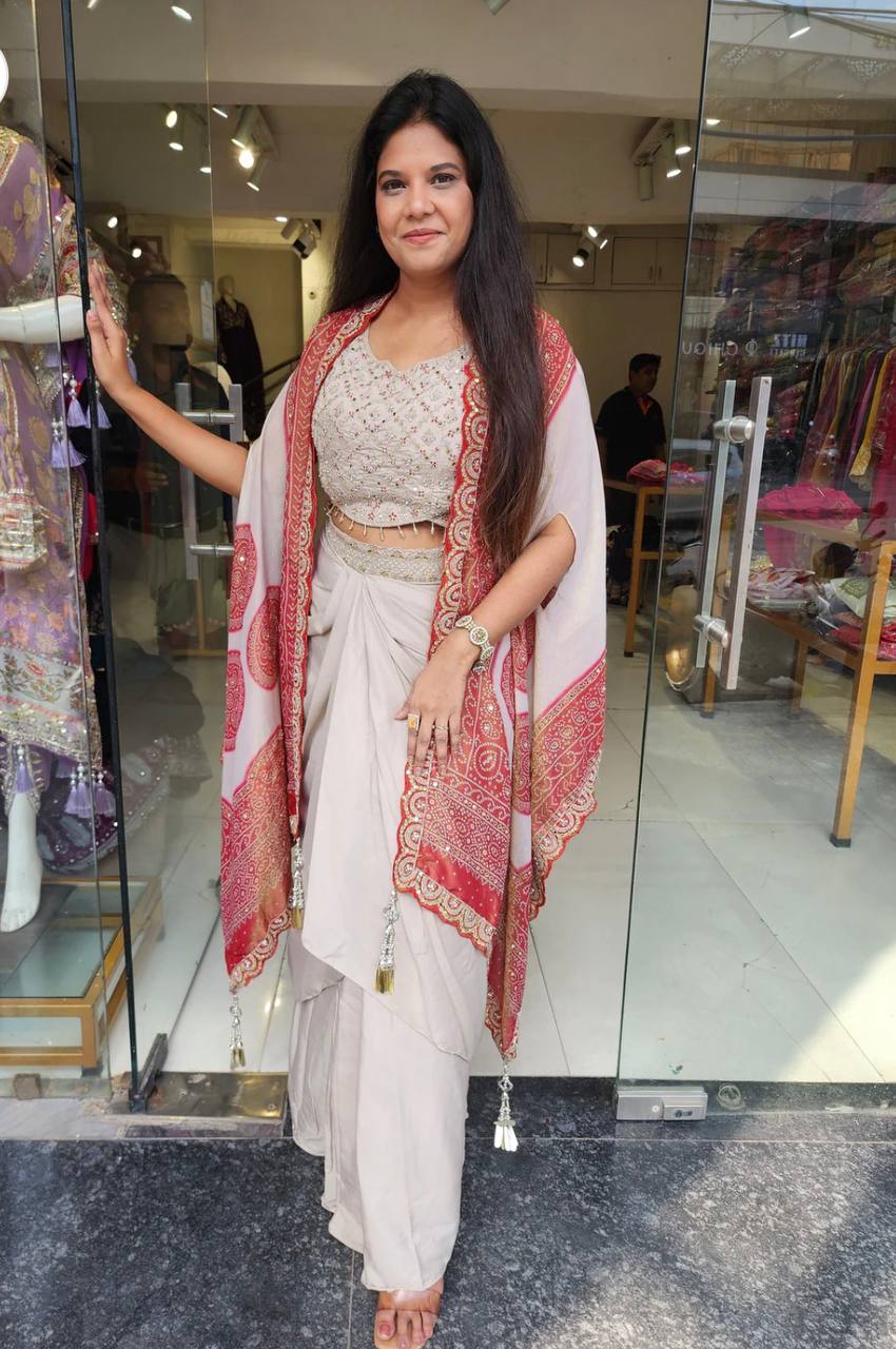 Cream Crepe Dhoti Set with Red Bandhani Dupatta