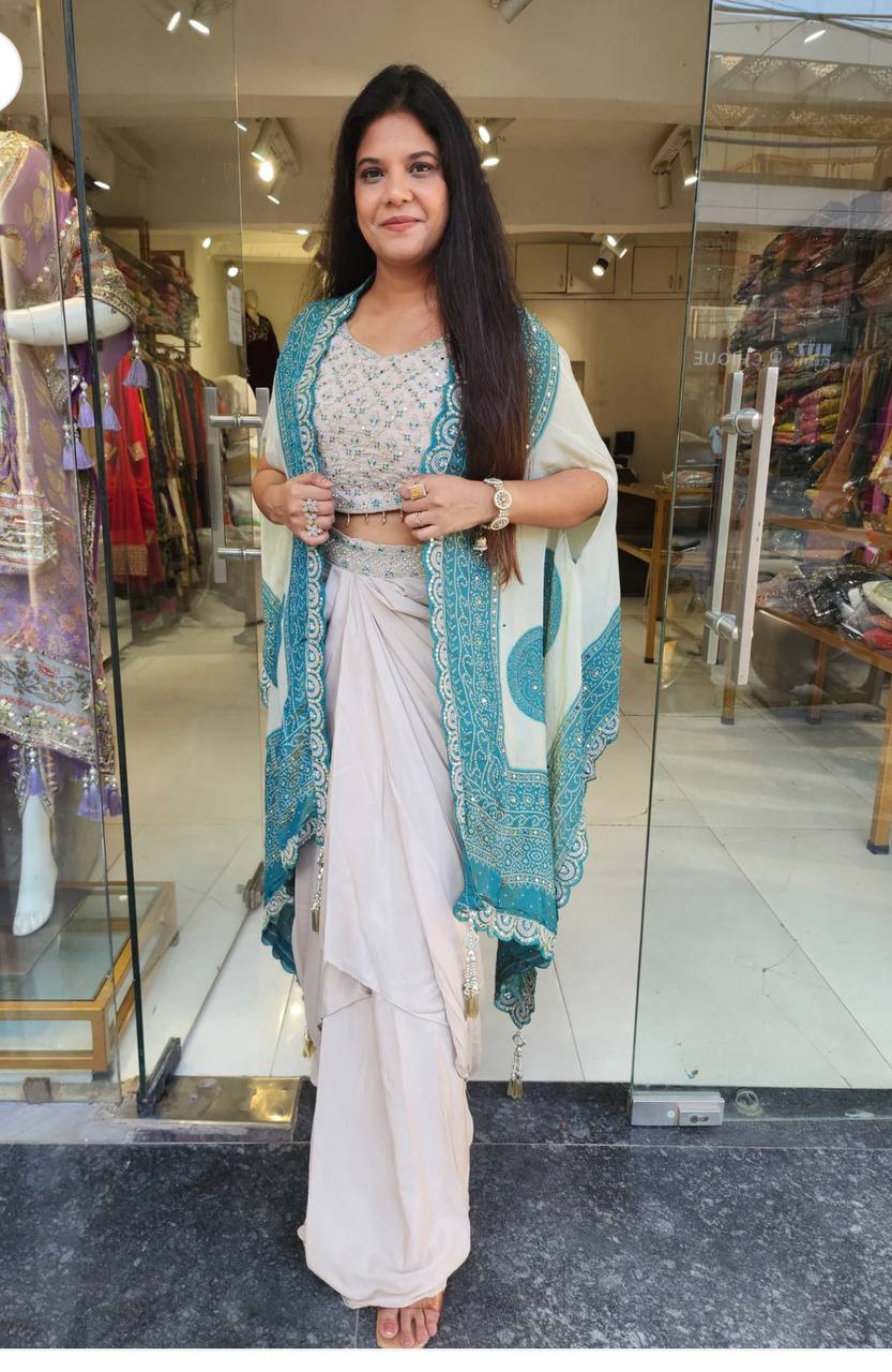 Cream Crepe Dhoti Set with Sky Blue Bandhani Dupatta