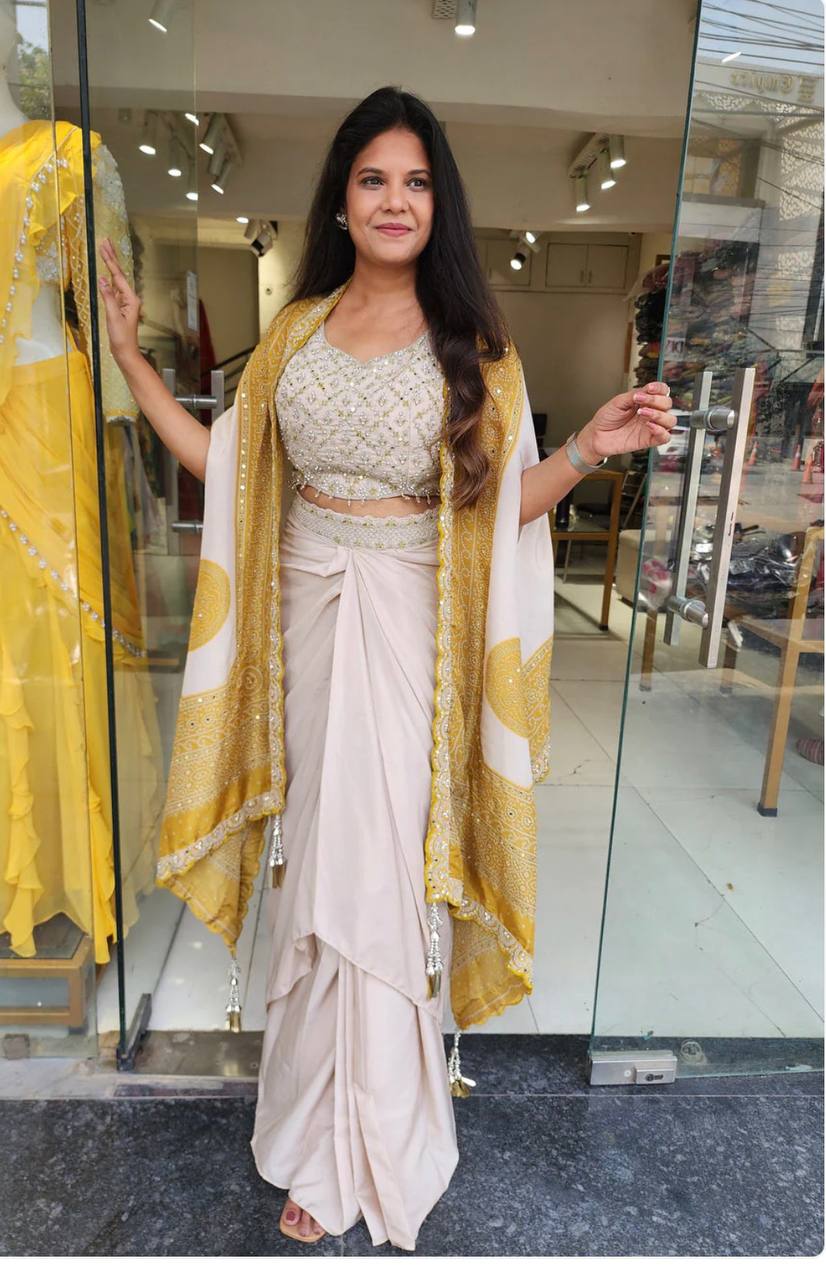 Cream Crepe Dhoti Set with Mustard Bandhani Dupatta