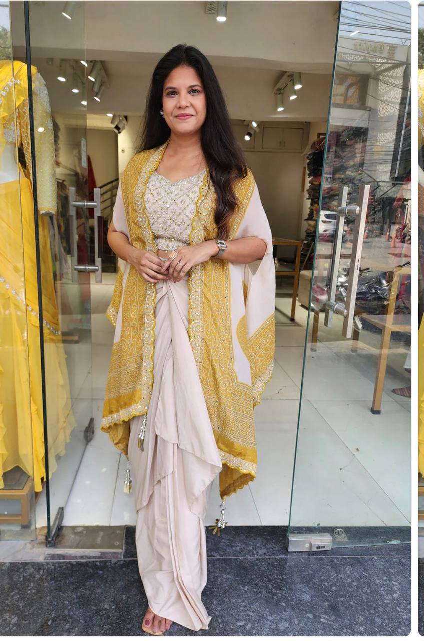 Cream Crepe Dhoti Set with Mustard Bandhani Dupatta