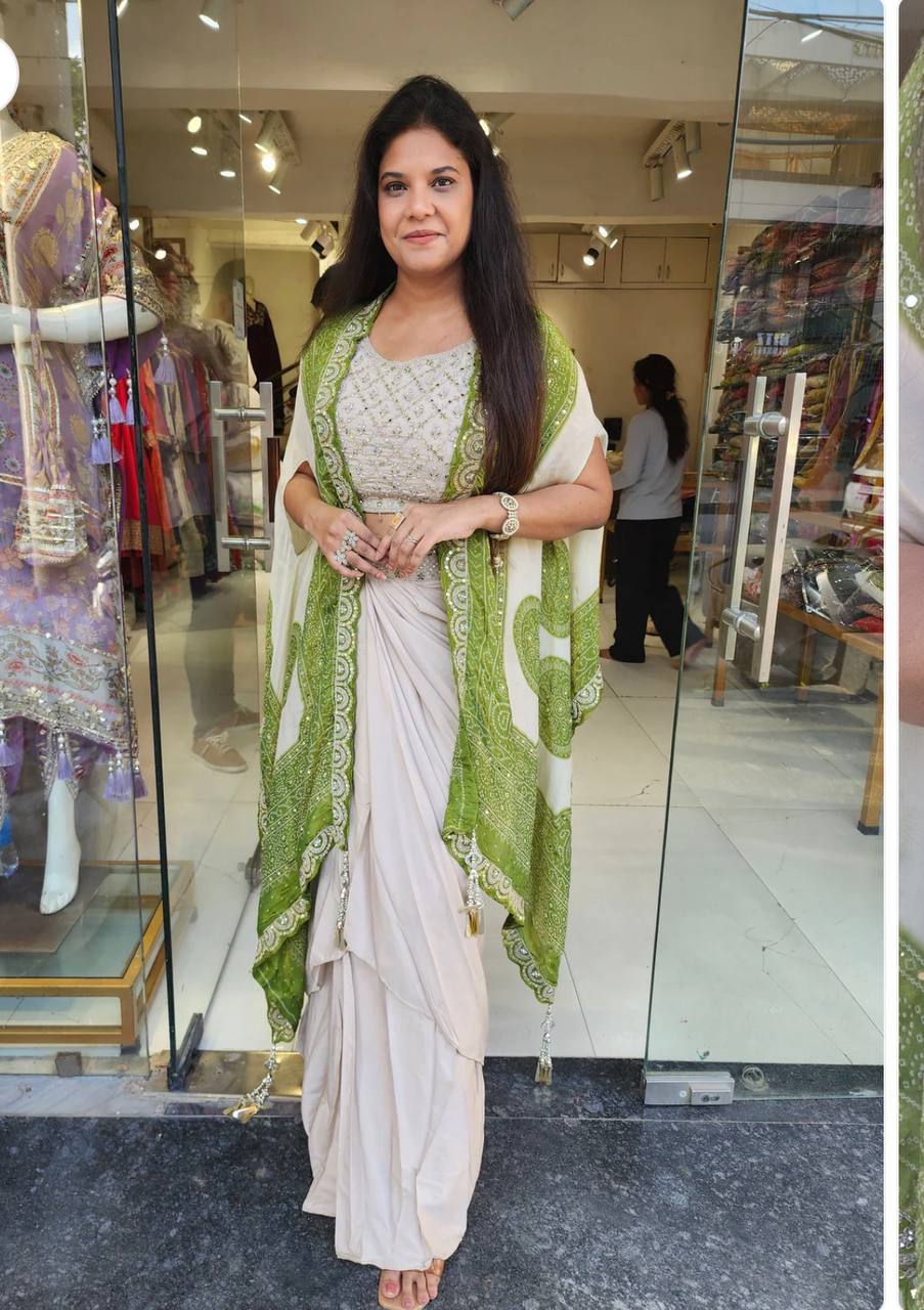 Cream Crepe Dhoti Set with Green Bandhani Dupatta