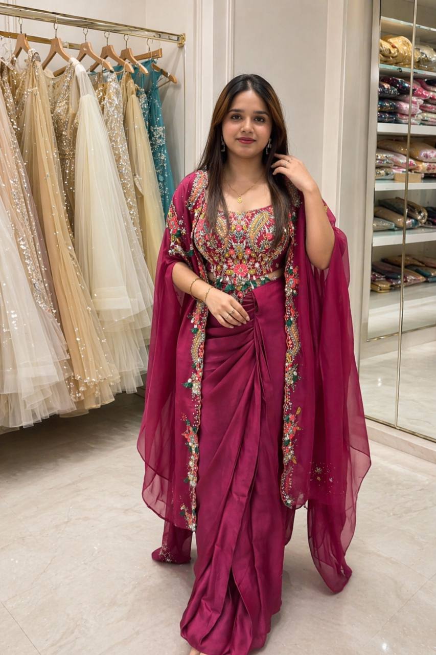 Rani Pink Crepe Sharara Set with Shrug