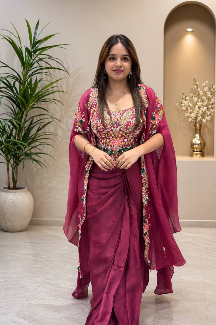 Rani Pink Crepe Sharara Set with Shrug