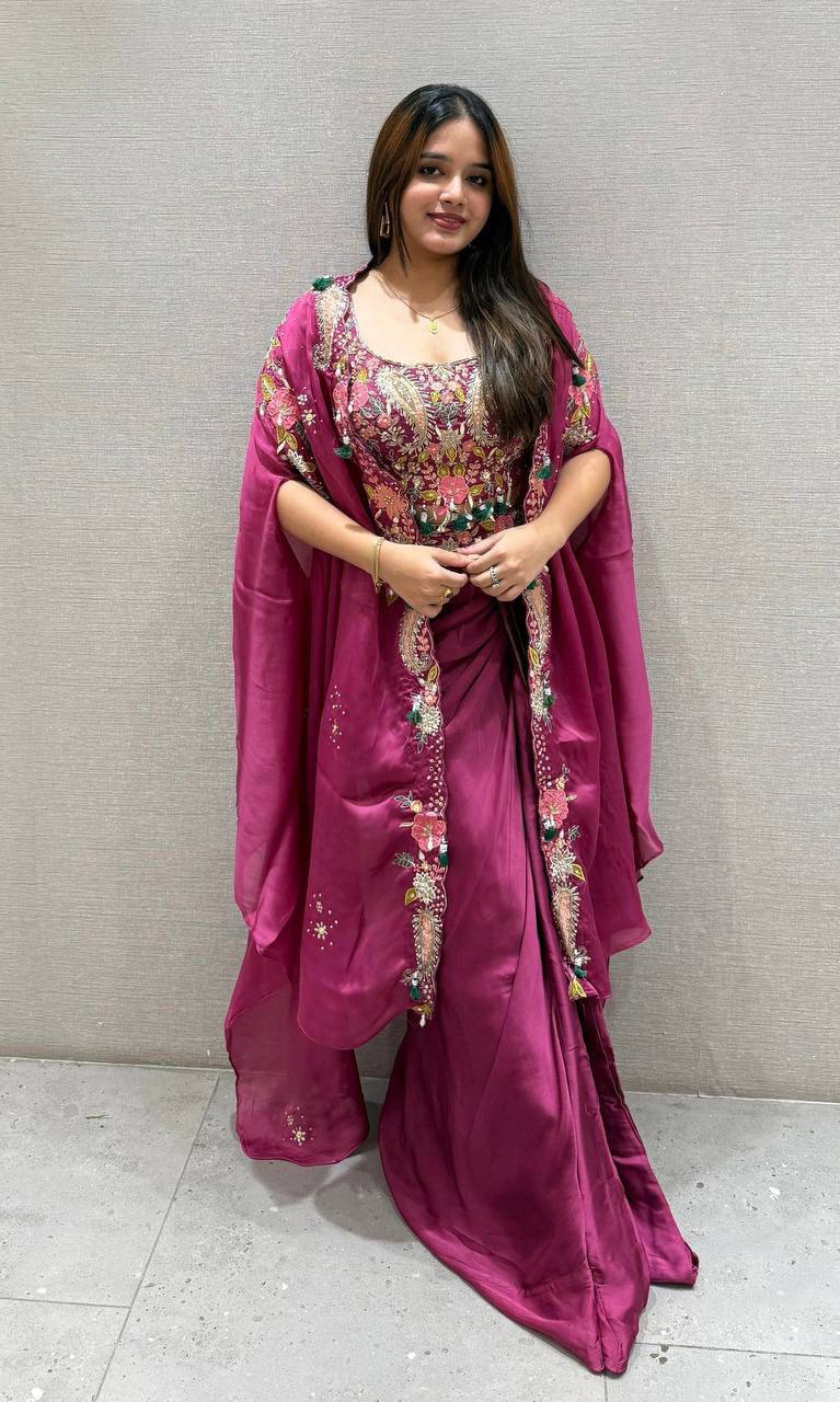 Rani Pink Crepe Sharara Set with Shrug, view 3