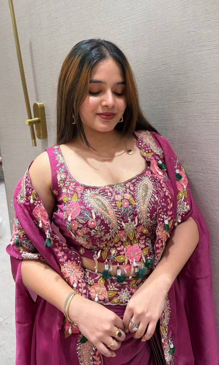 Rani Pink Crepe Sharara Set with Shrug, view 4