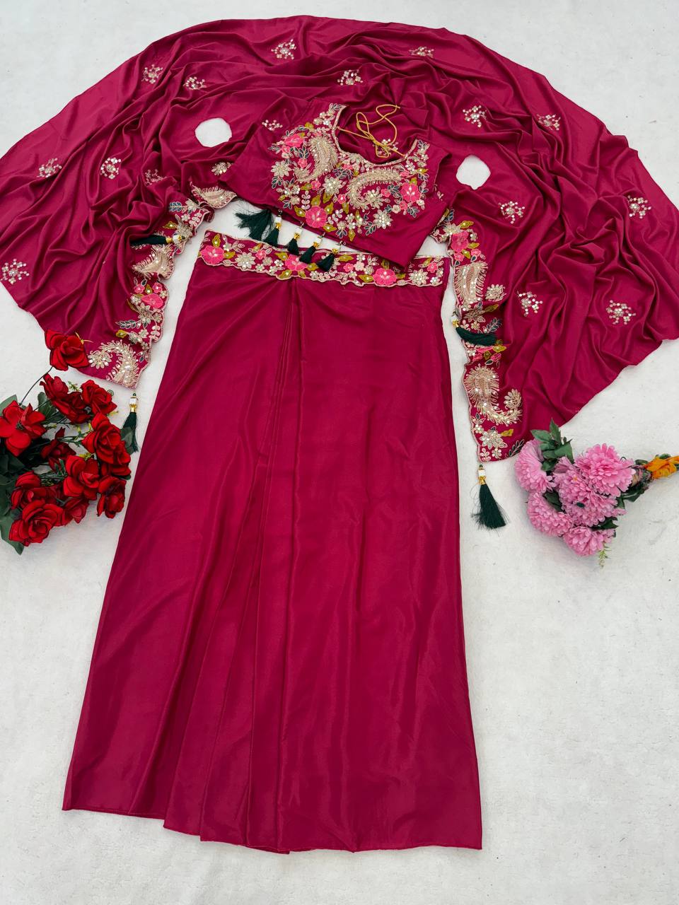 Rani Pink Crepe Sharara Set with Shrug, view 7