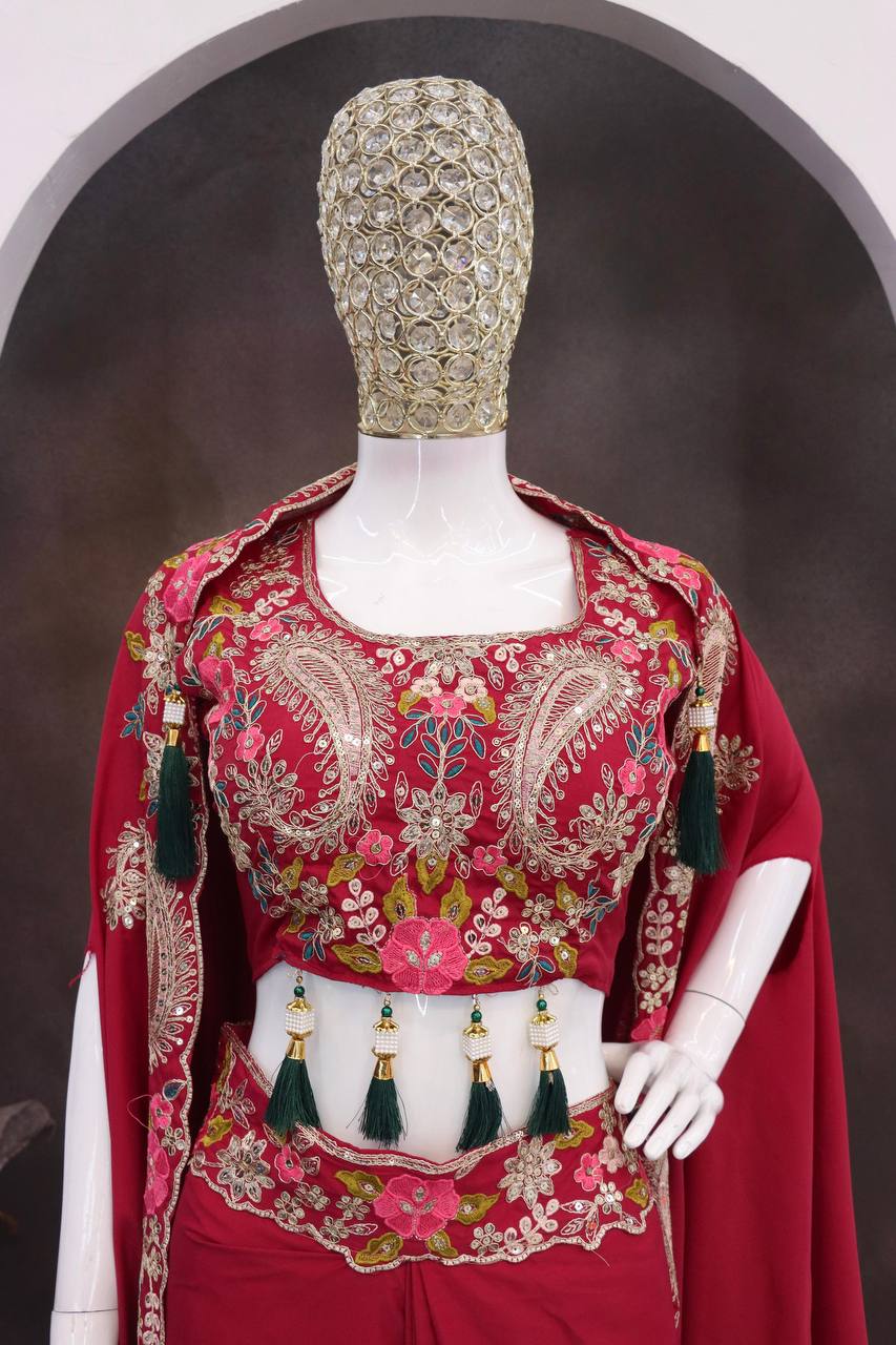 Rani Pink Crepe Sharara Set with Shrug, view 5