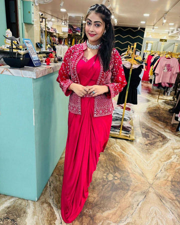 Rani Pink Crepe Saree with Embroidered Jacket