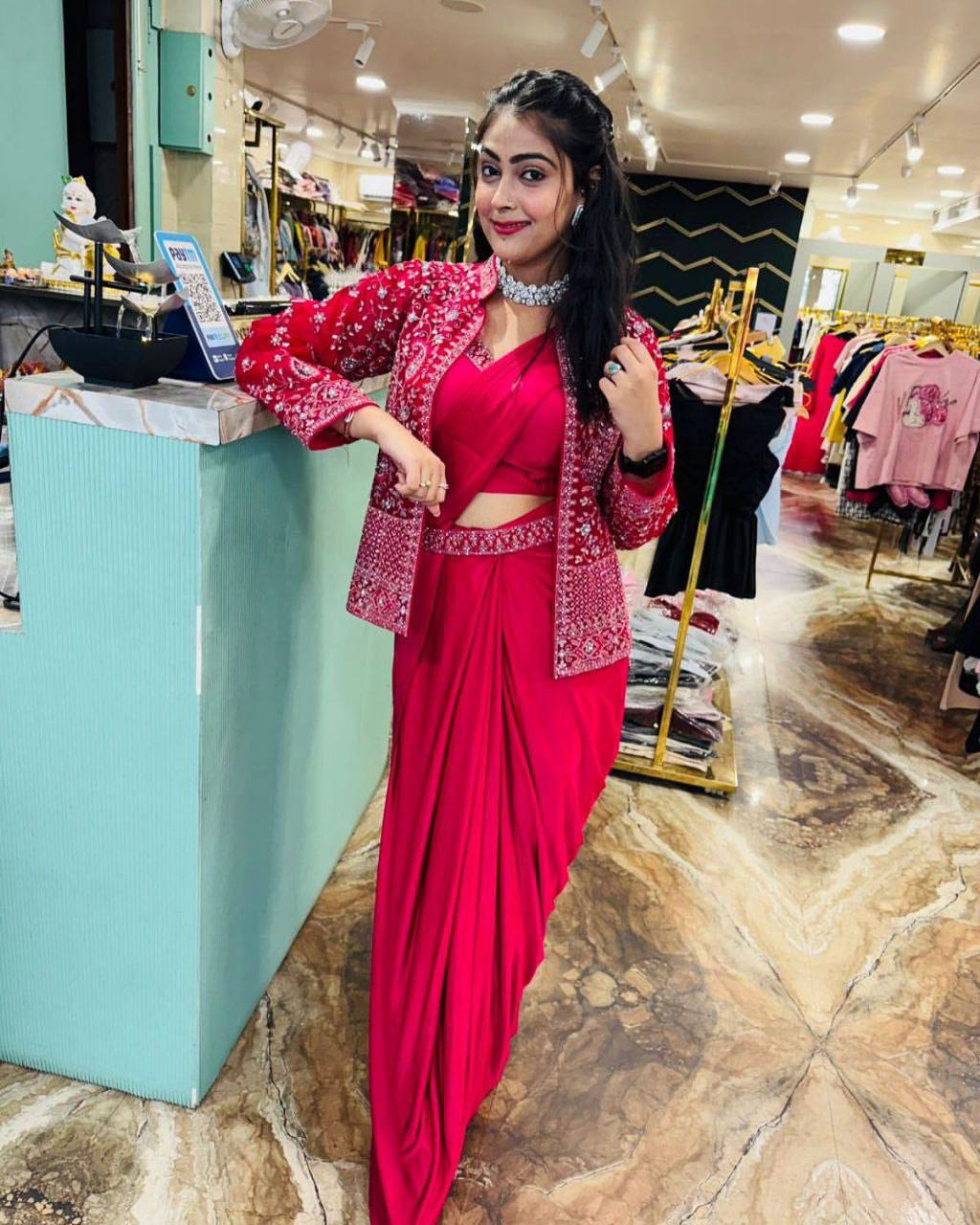 Rani Pink Crepe Saree with Embroidered Jacket, view 2