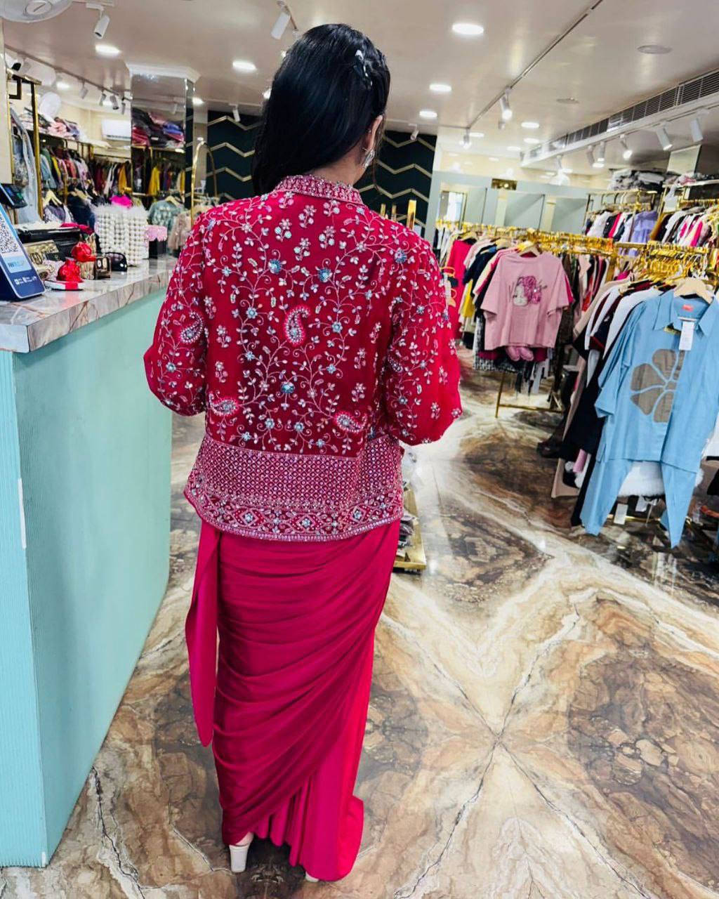 Rani Pink Crepe Saree with Embroidered Jacket, view 3
