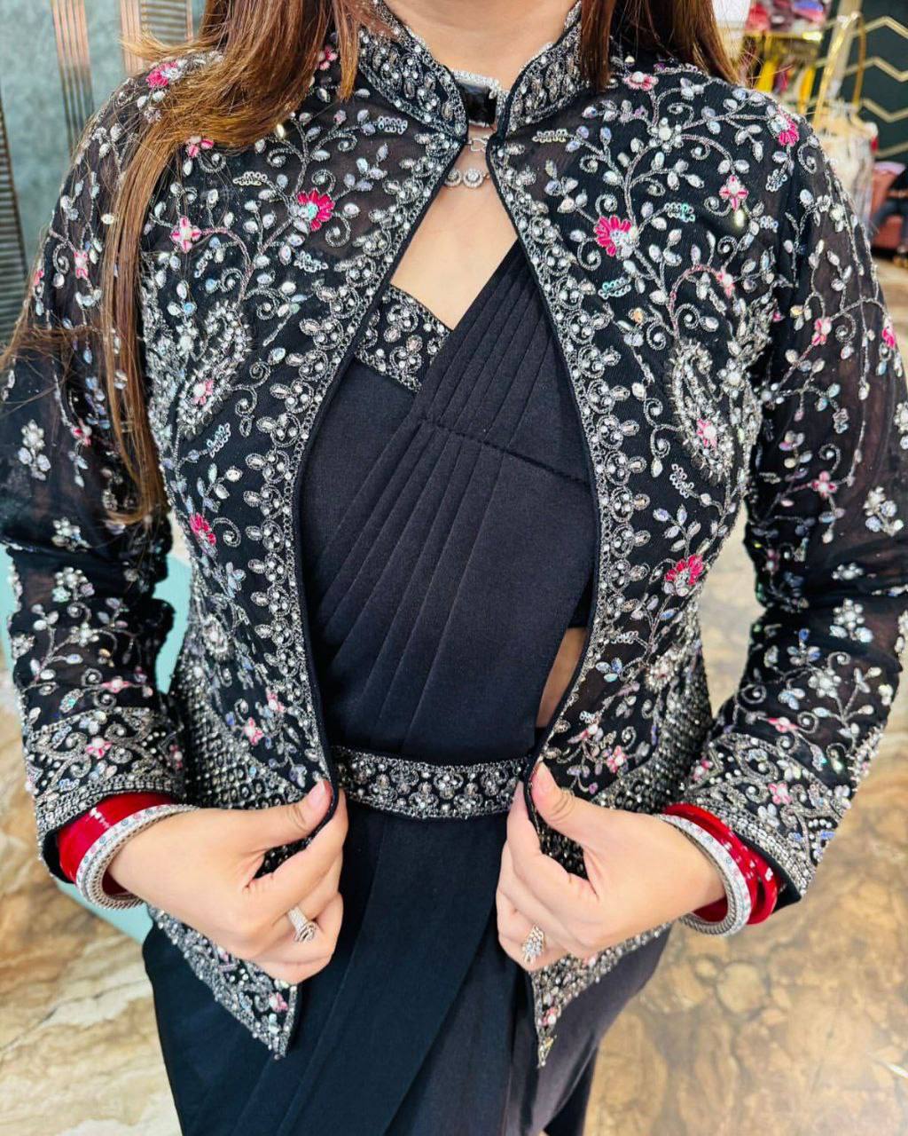 Black Crepe Saree with Embroidered Jacket, view 2