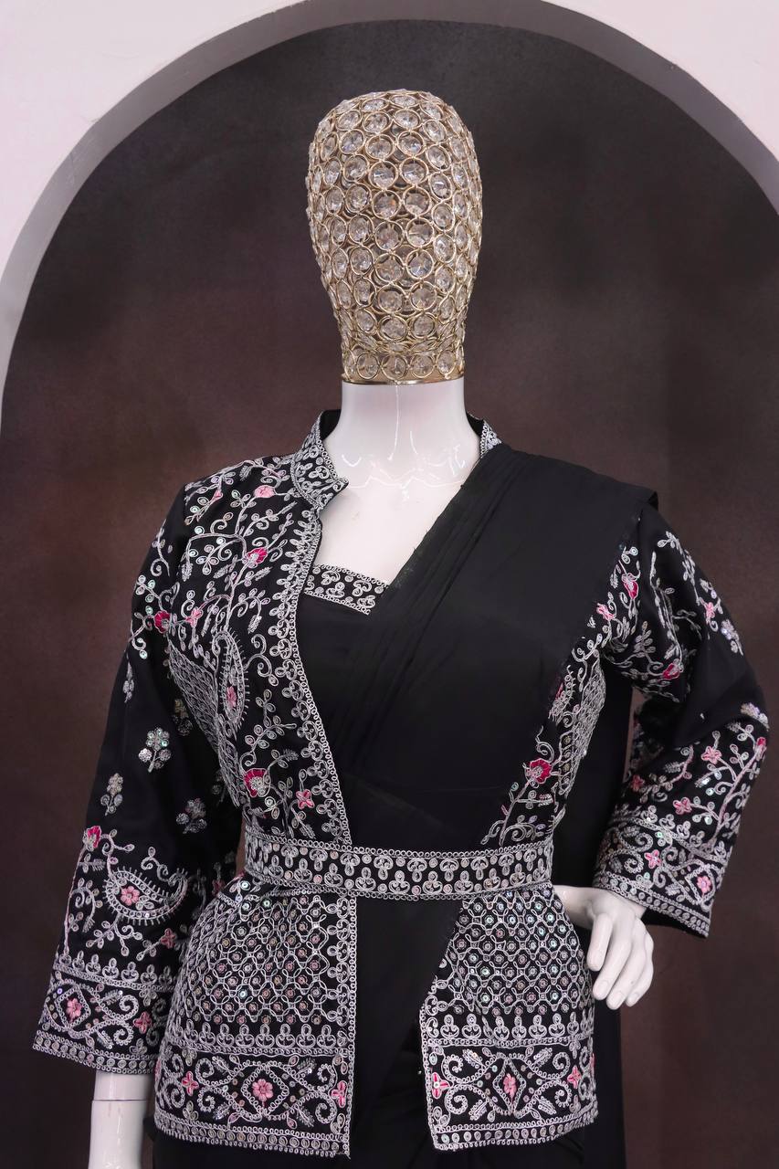 Black Crepe Saree with Embroidered Jacket, view 3