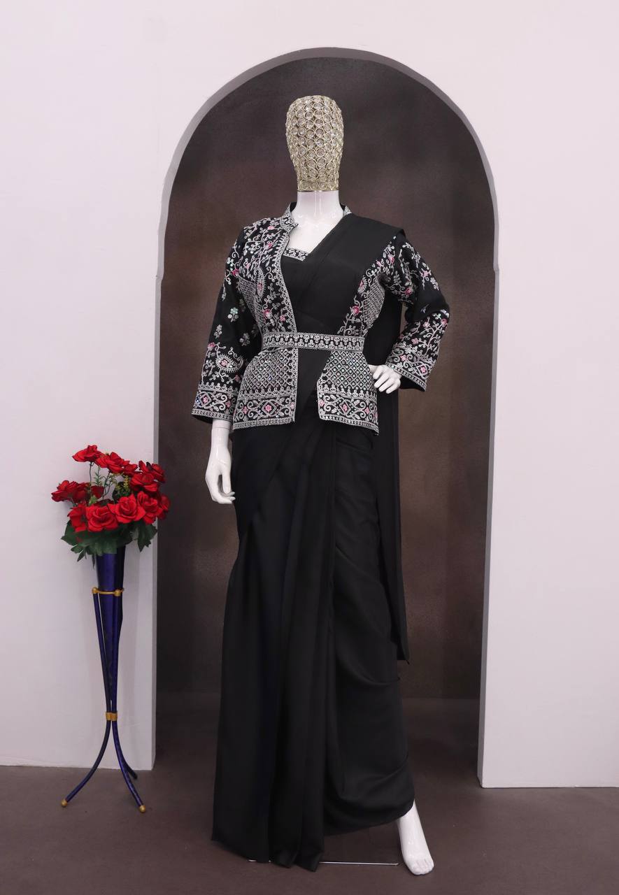 Black Crepe Saree with Embroidered Jacket, view 4