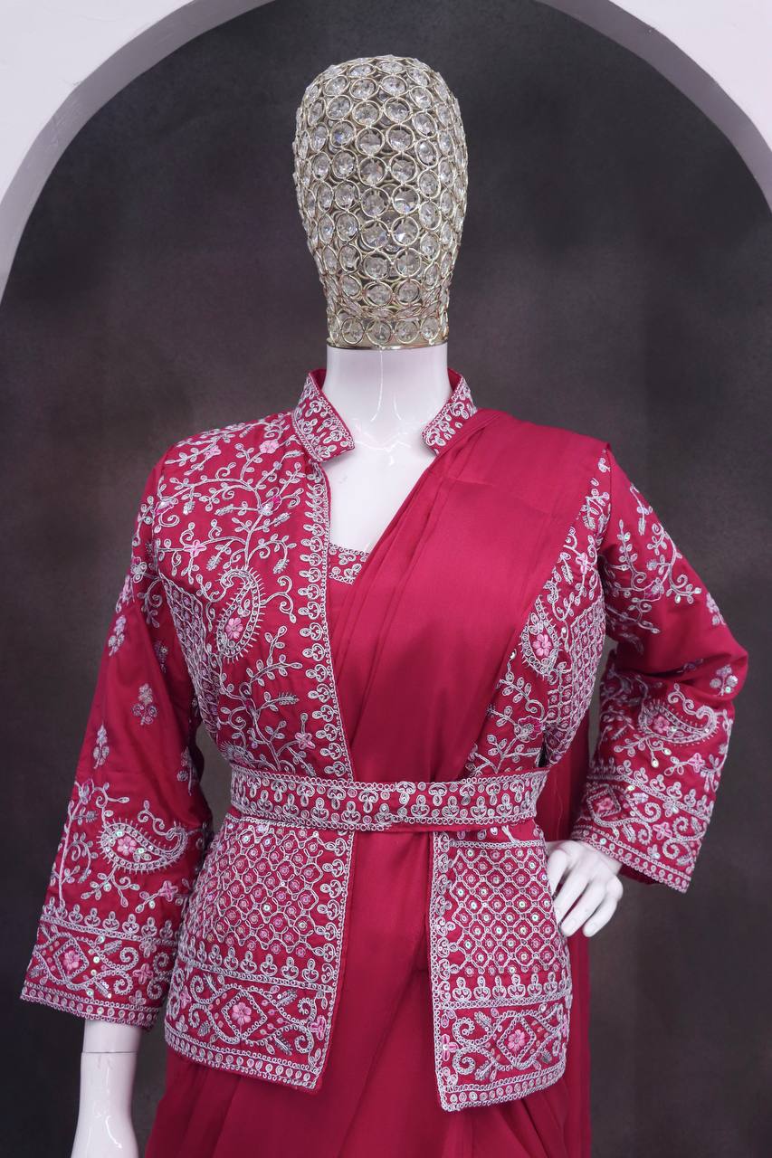 Rani Pink Crepe Saree with Embroidered Jacket, view 4
