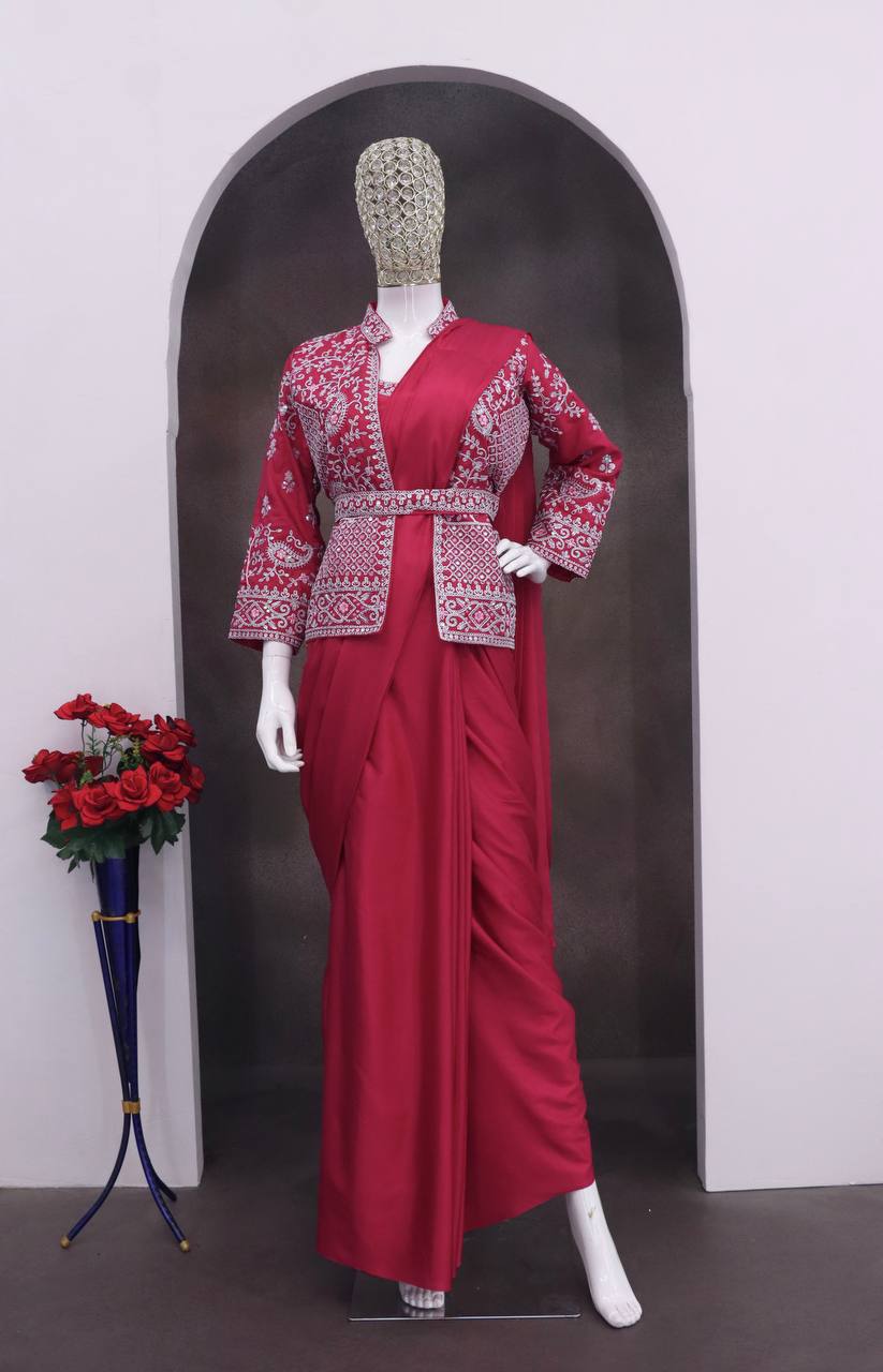 Rani Pink Crepe Saree with Embroidered Jacket, view 5