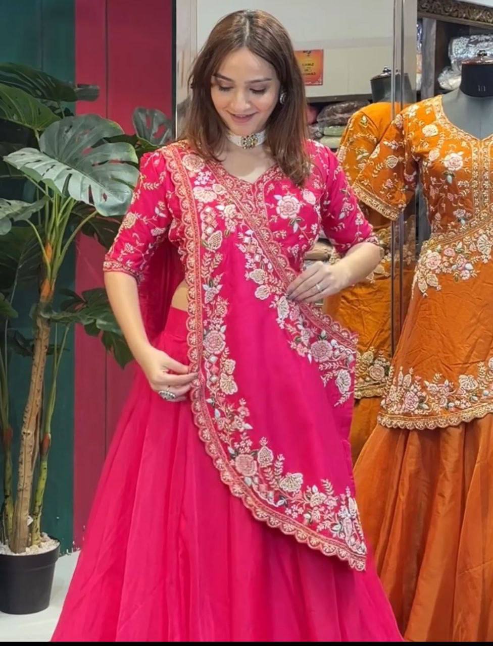 Rani Pink Crushed Silk Lehenga Choli, view 2