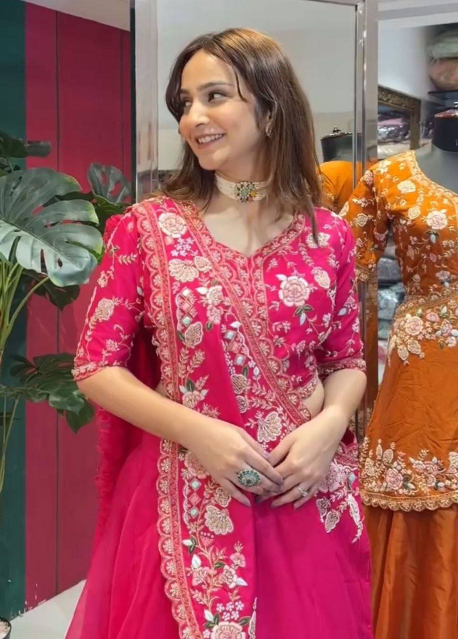 Rani Pink Crushed Silk Lehenga Choli, view 3