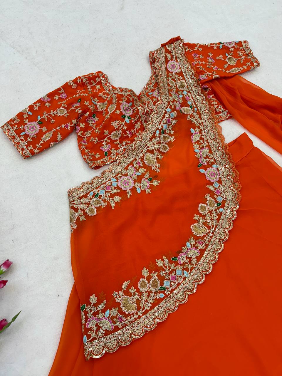 Orange Crushed Silk Lehenga Choli, view 4