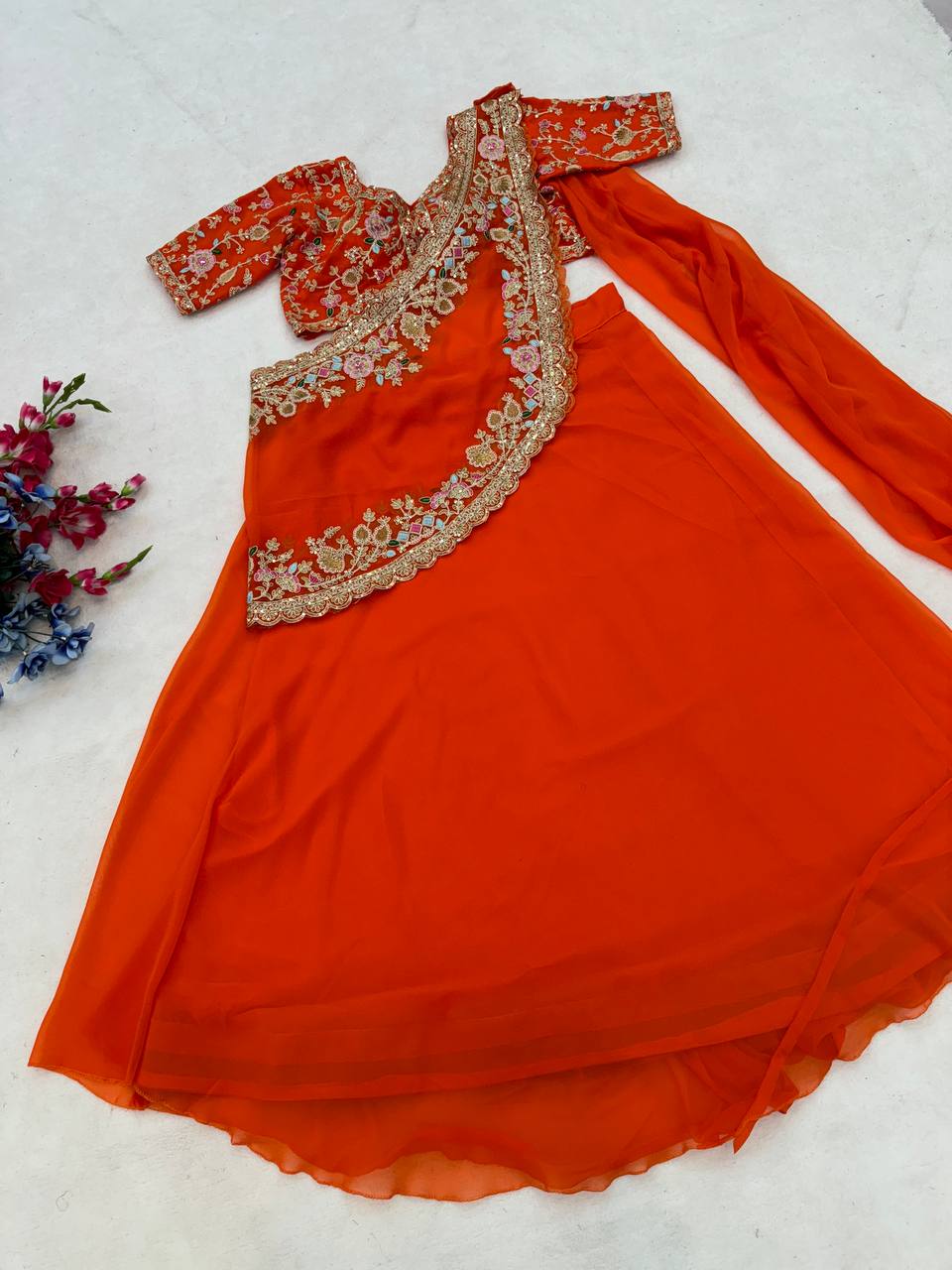 Orange Crushed Silk Lehenga Choli, view 5
