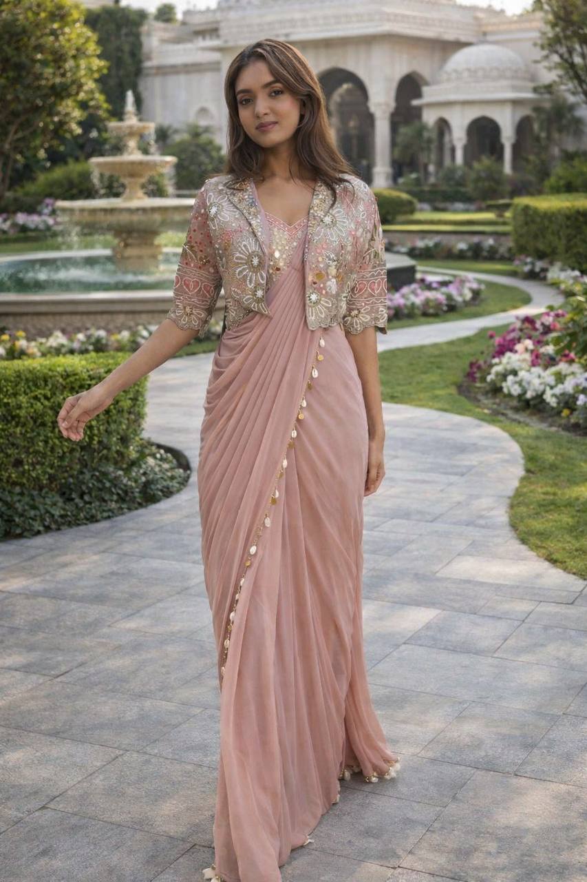 Dusty Pink Crepe Saree with Short Jacket, view 4
