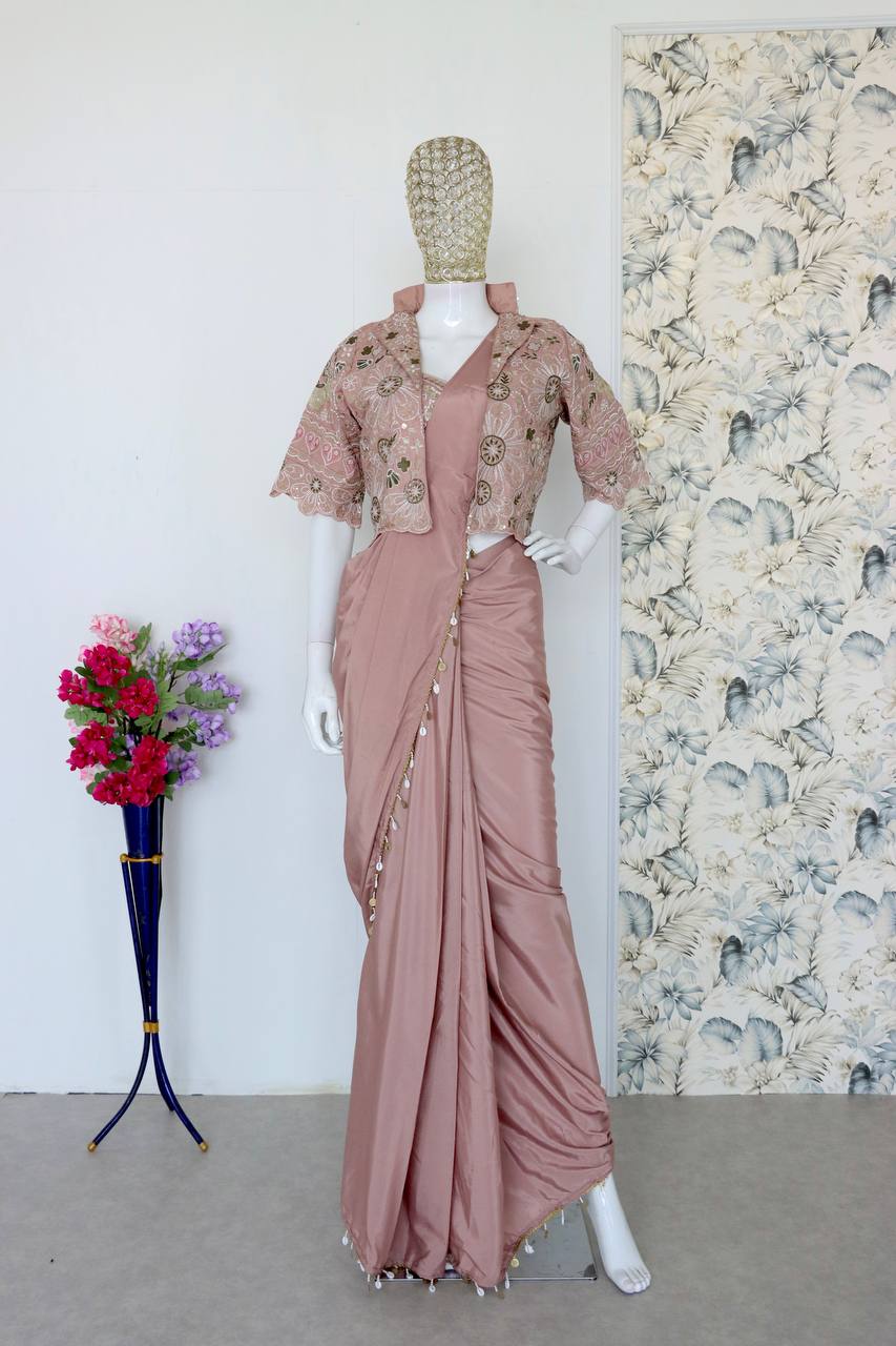 Dusty Pink Crepe Saree with Short Jacket, view 5