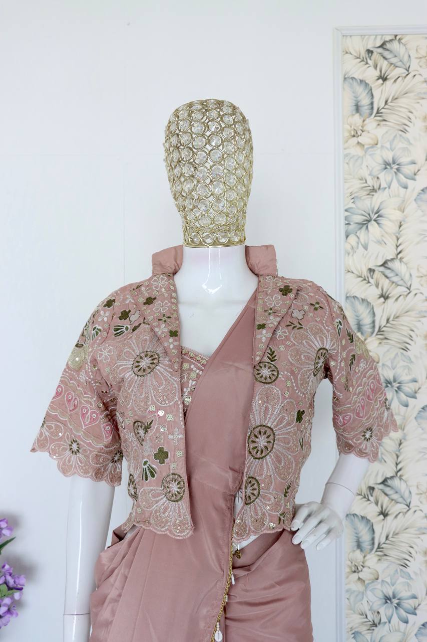 Dusty Pink Crepe Saree with Short Jacket, view 6