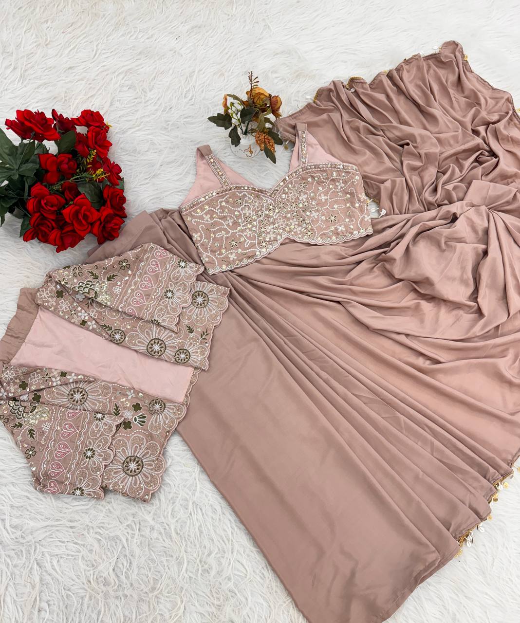Dusty Pink Crepe Saree with Short Jacket, view 7