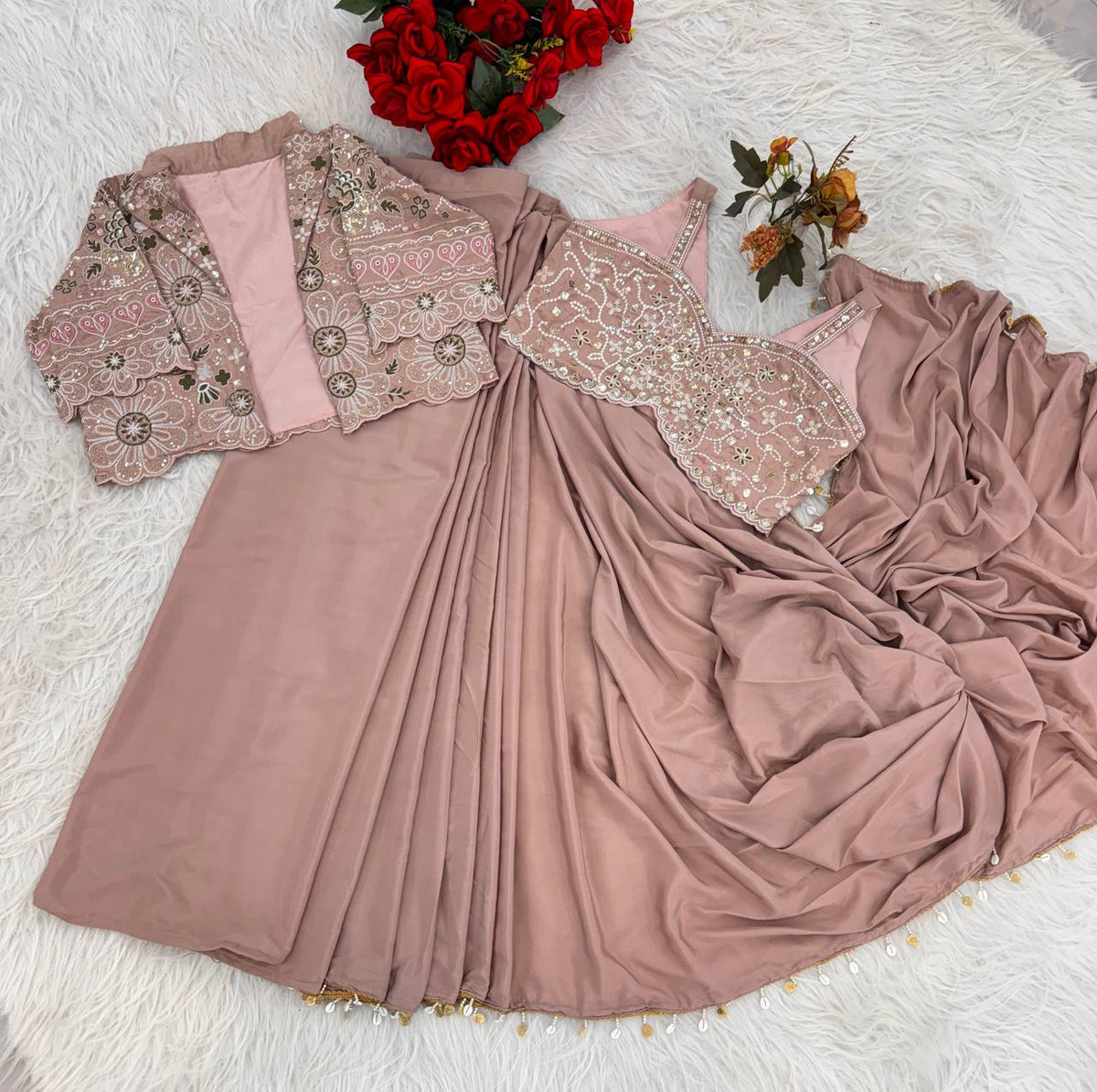 Dusty Pink Crepe Saree with Short Jacket, view 8