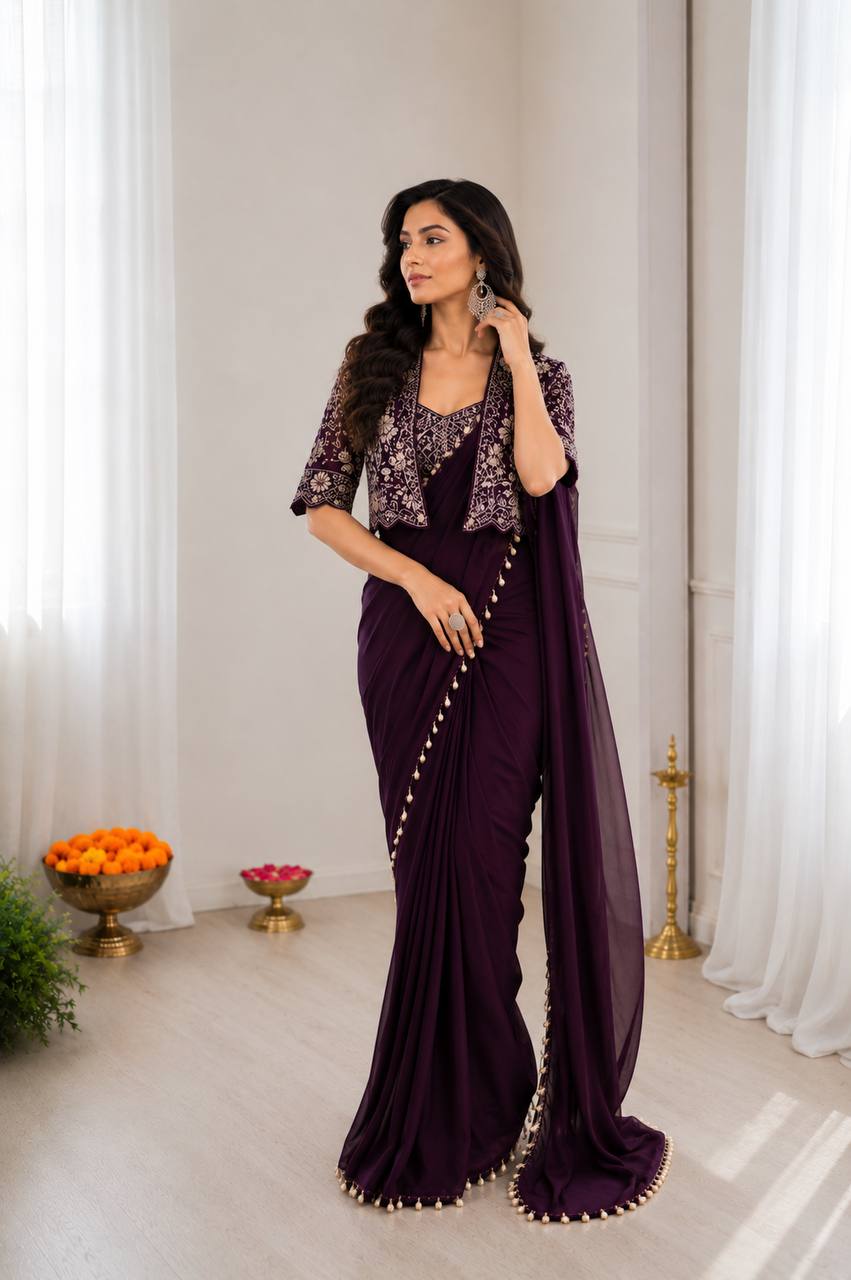 Wine Crepe Saree with Short Jacket, view 7
