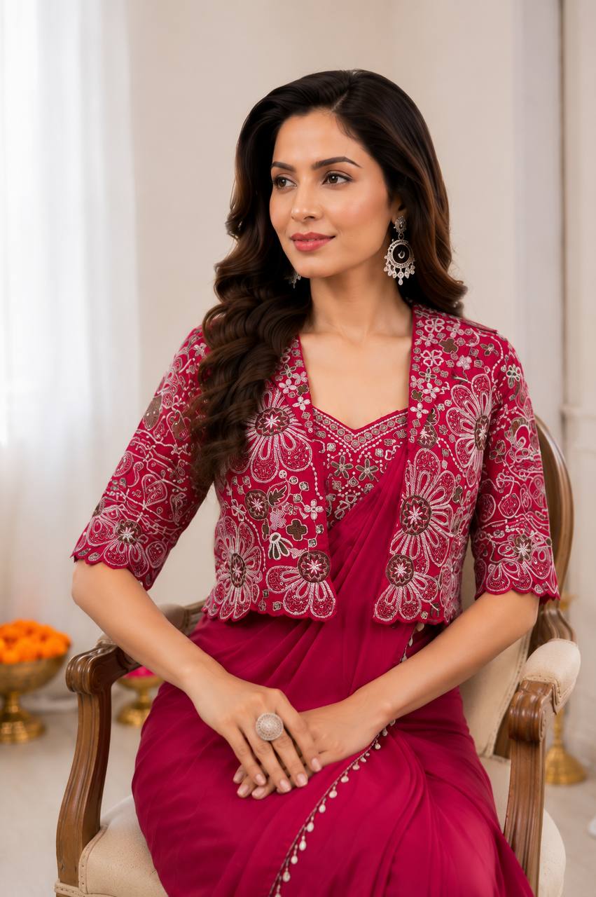 Rani Pink Crepe Saree with Short Jacket, view 7