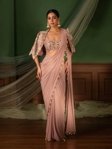Dusty Pink Crepe Saree with Short Jacket