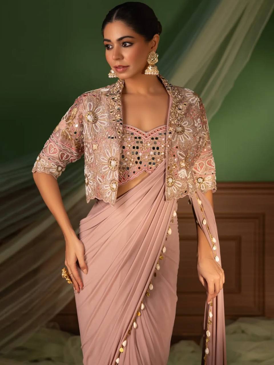 Dusty Pink Crepe Saree with Short Jacket, view 3