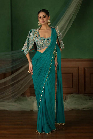 Teal Crepe Saree with Short Jacket