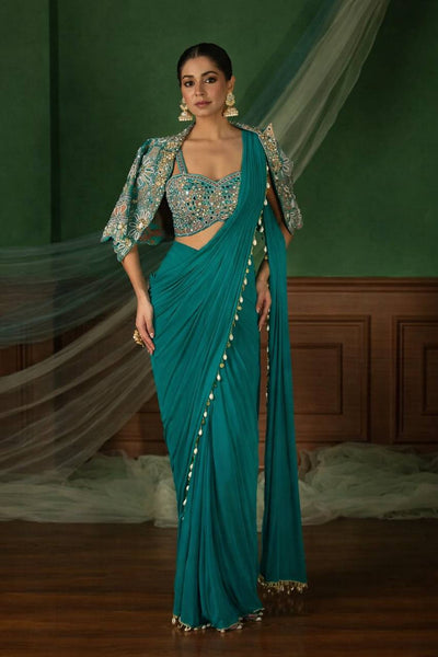 Teal Crepe Saree with Short Jacket