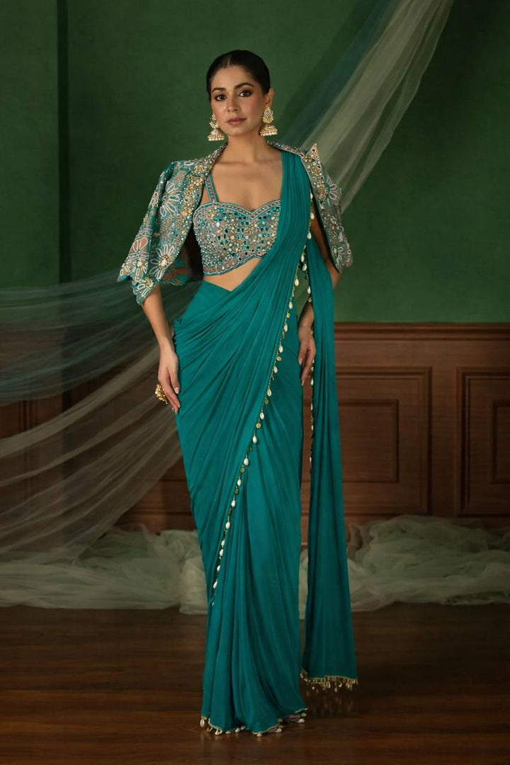 Teal Crepe Saree with Short Jacket