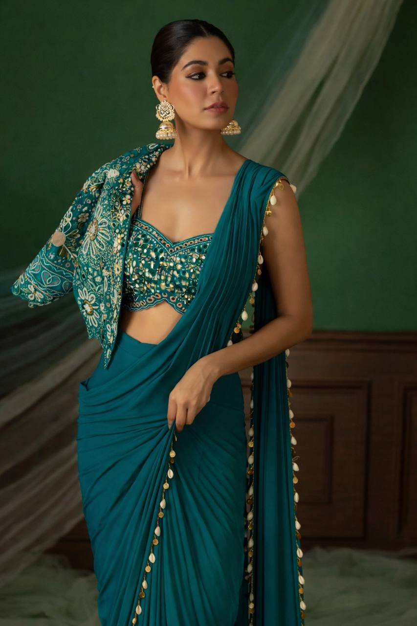 Teal Crepe Saree with Short Jacket, view 2