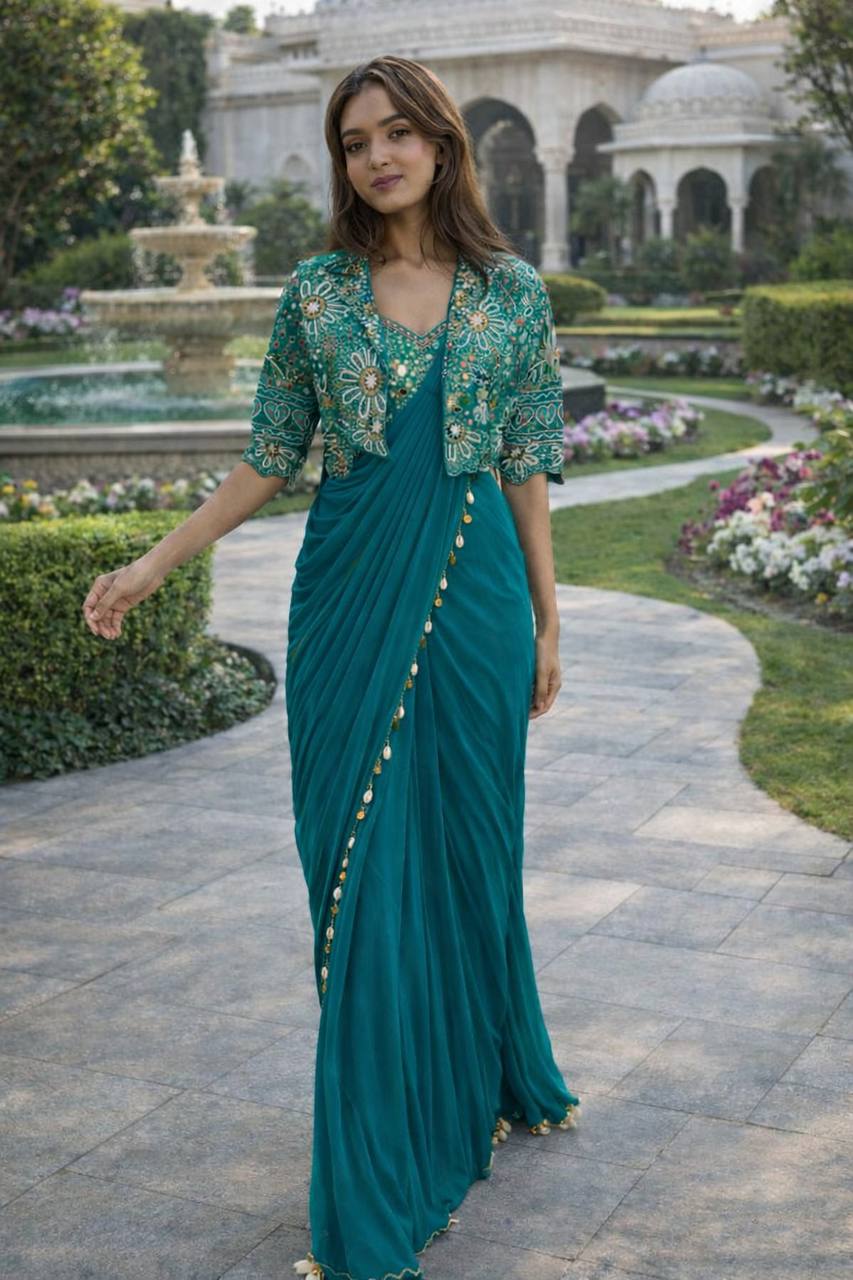 Teal Crepe Saree with Short Jacket, view 3
