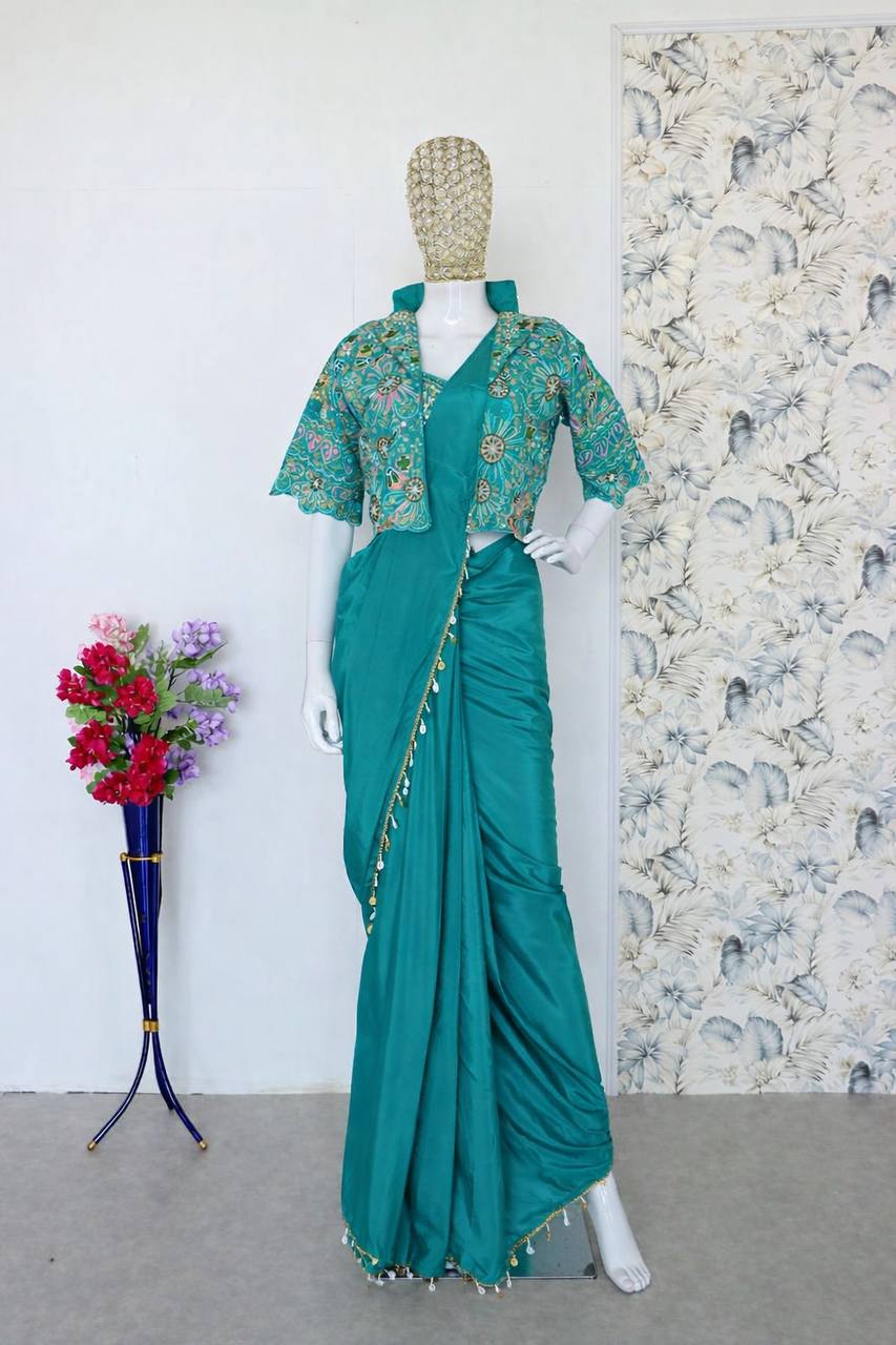Teal Crepe Saree with Short Jacket, view 4