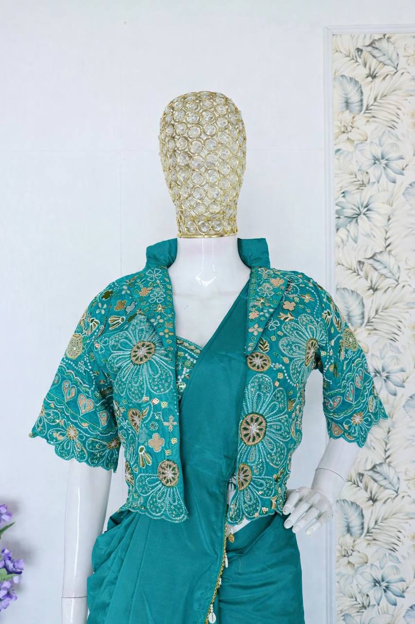 Teal Crepe Saree with Short Jacket, view 5