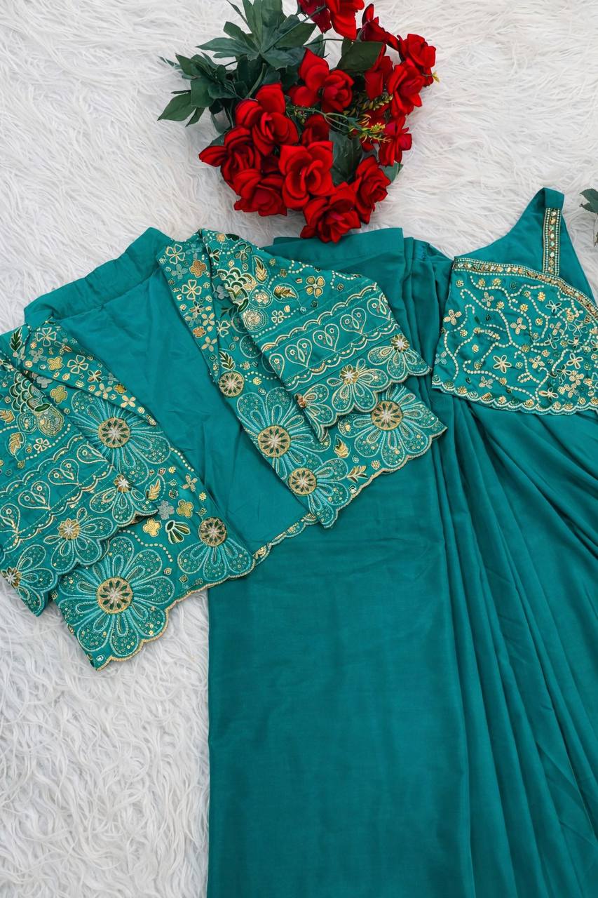 Teal Crepe Saree with Short Jacket, view 6