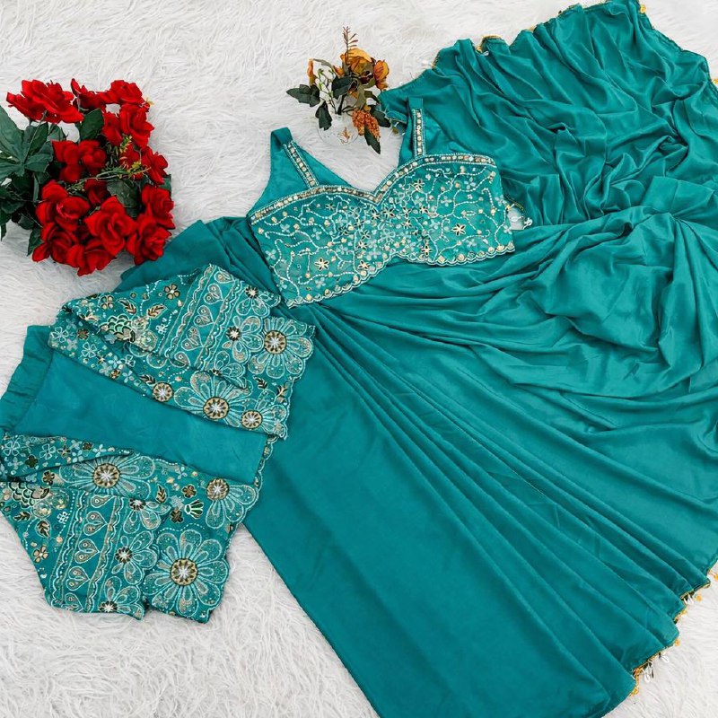 Teal Crepe Saree with Short Jacket, view 7