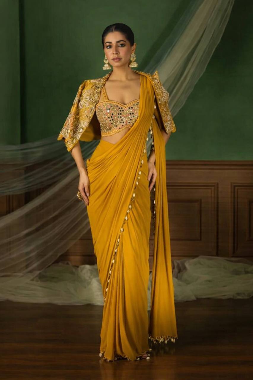 Mustard Crepe Saree with Short Jacket