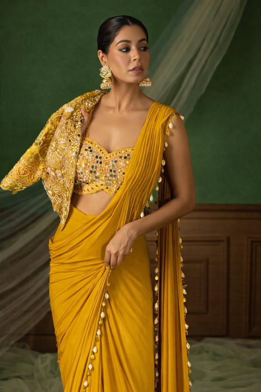 Mustard Crepe Saree with Short Jacket, view 2