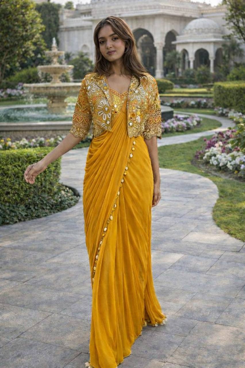 Mustard Crepe Saree with Short Jacket, view 3