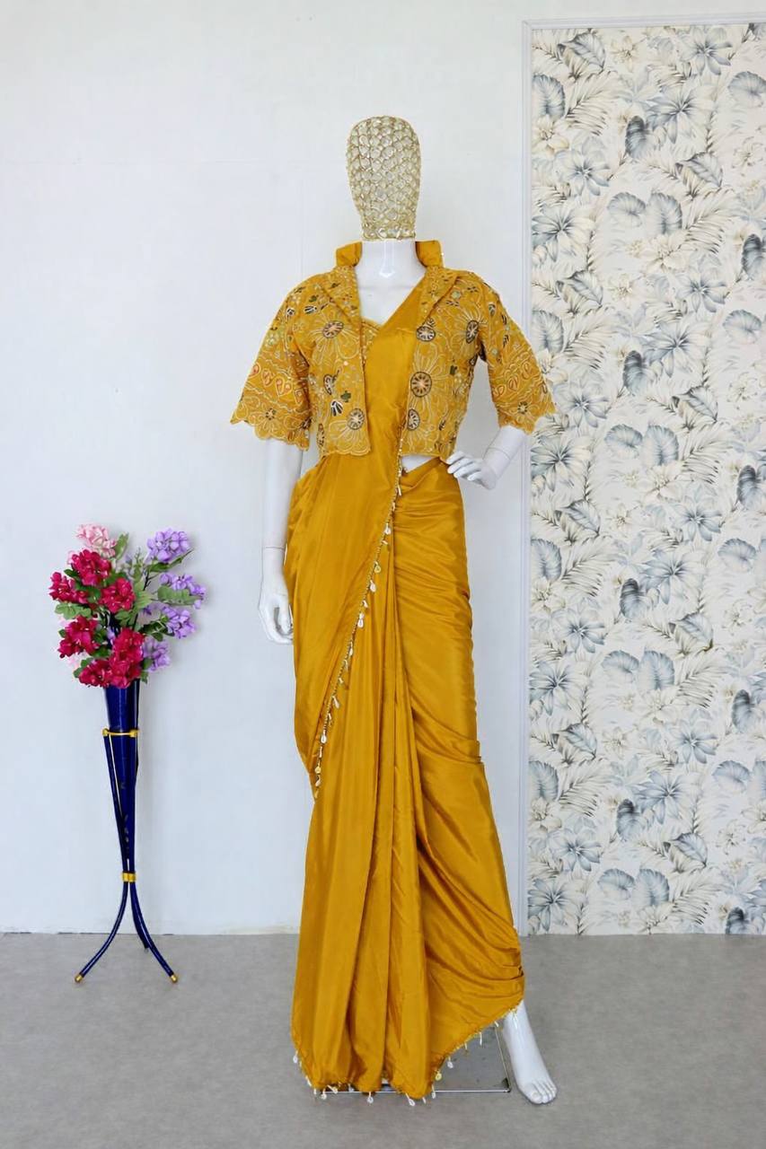 Mustard Crepe Saree with Short Jacket, view 4