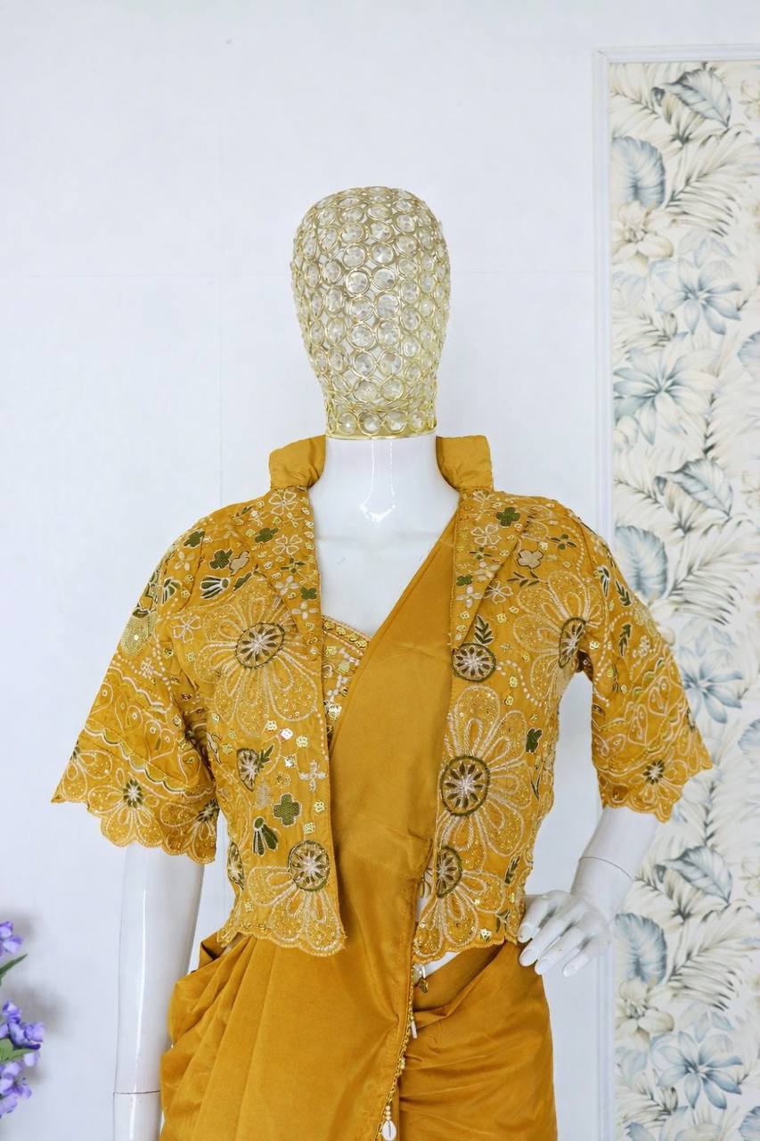 Mustard Crepe Saree with Short Jacket, view 5
